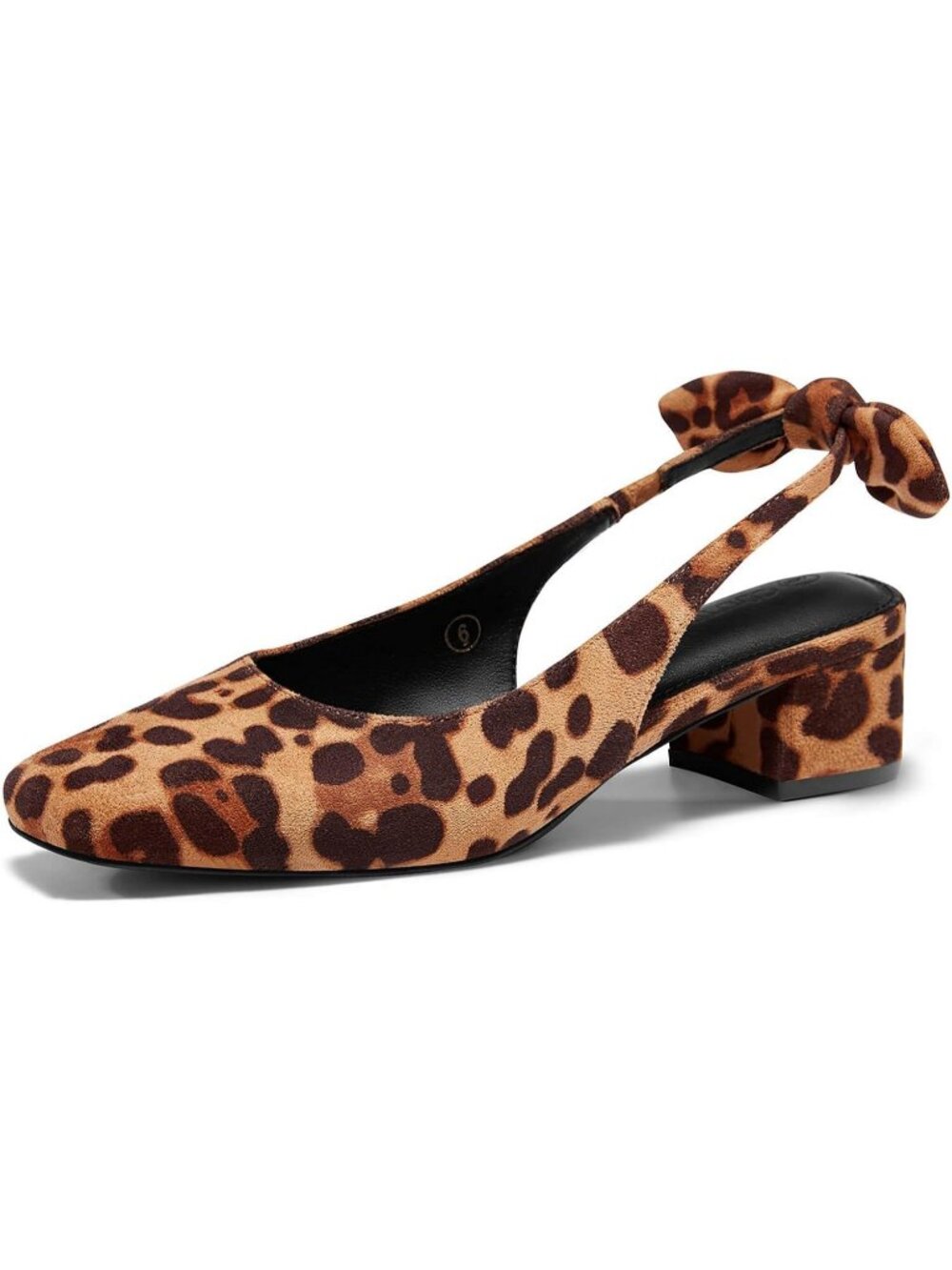 Women's Leopard Faux Suede Chunky Low Heel Bow Slingback Closed Square Toe Pumps